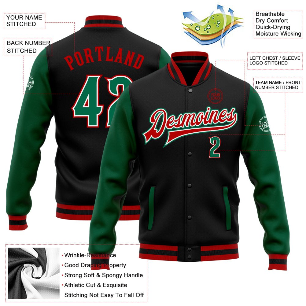 Custom Black Kelly Green-Red Bomber Full-Snap Varsity Letterman Two Tone Jacket photo 5