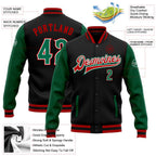 Custom Black Kelly Green-Red Bomber Full-Snap Varsity Letterman Two Tone Jacket photo 5