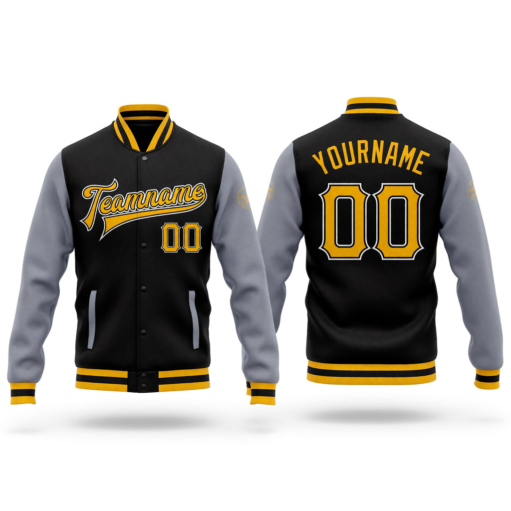Custom Black Gold-Gray Bomber Full-Snap Varsity Letterman Two Tone Jacket
