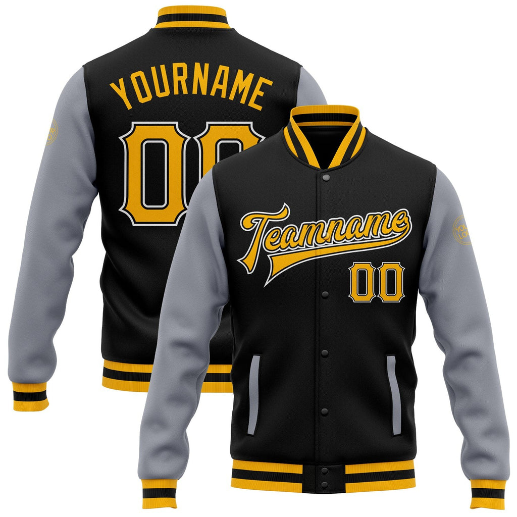 Custom Black Gold-Gray Bomber Full-Snap Varsity Letterman Two Tone Jacket photo 1