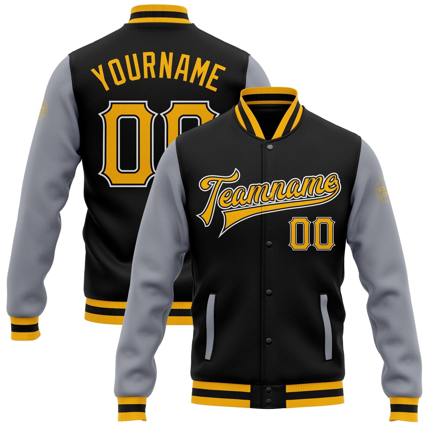 Custom Black Gold-Gray Bomber Full-Snap Varsity Letterman Two Tone Jacket photo 1