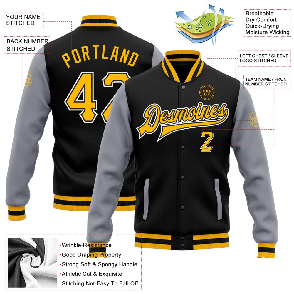 Custom Black Gold-Gray Bomber Full-Snap Varsity Letterman Two Tone Jacket photo 5
