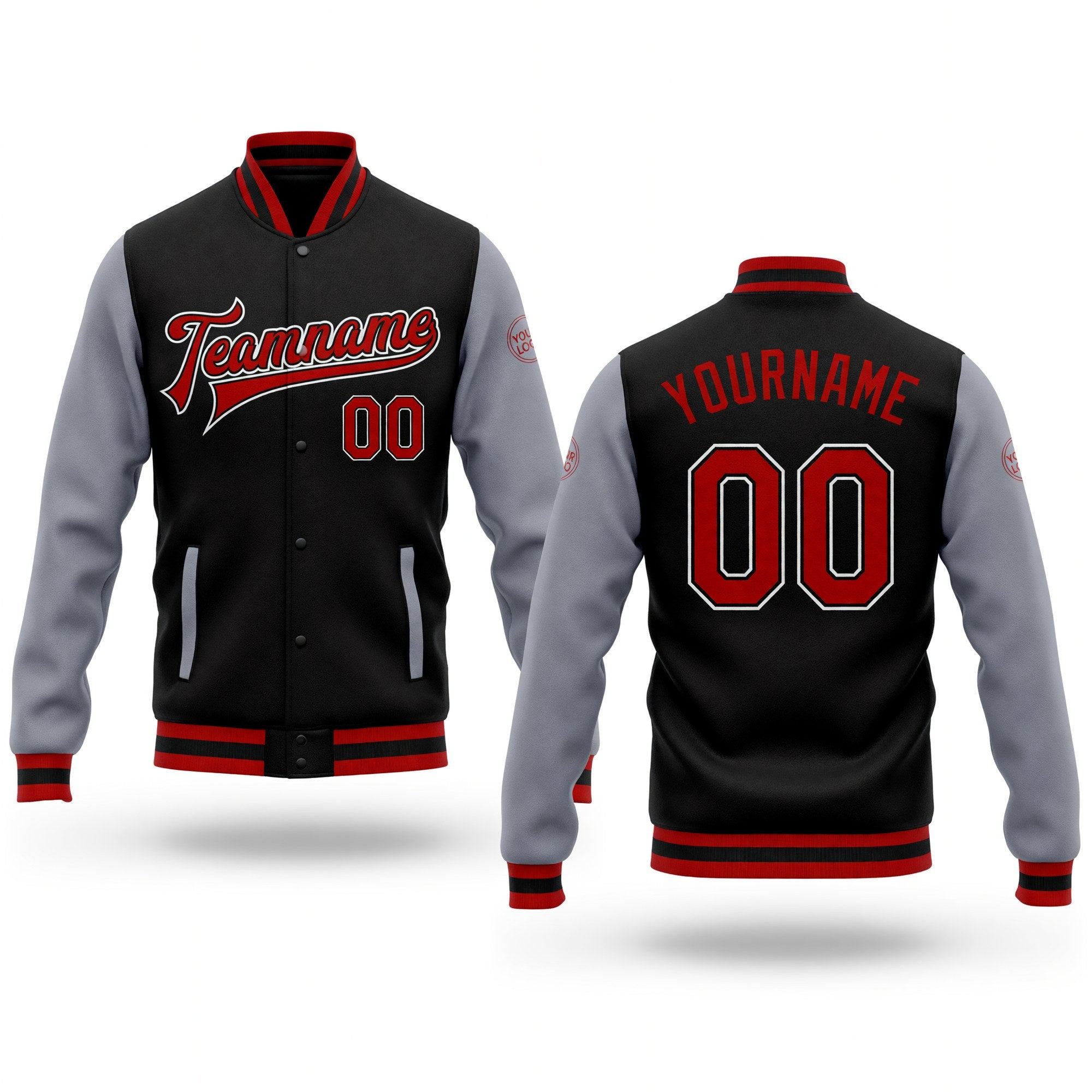Custom Black Red-Gray Bomber Full-Snap Varsity Letterman Two Tone Jacket