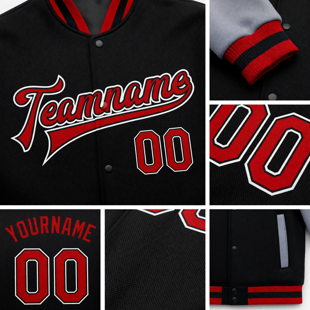 Custom Black Red-Gray Bomber Full-Snap Varsity Letterman Two Tone Jacket detail