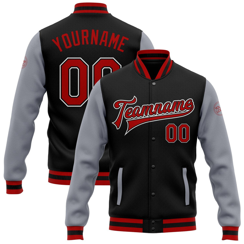 Custom Black Red-Gray Bomber Full-Snap Varsity Letterman Two Tone Jacket photo 1