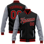 Custom Black Red-Gray Bomber Full-Snap Varsity Letterman Two Tone Jacket photo 1