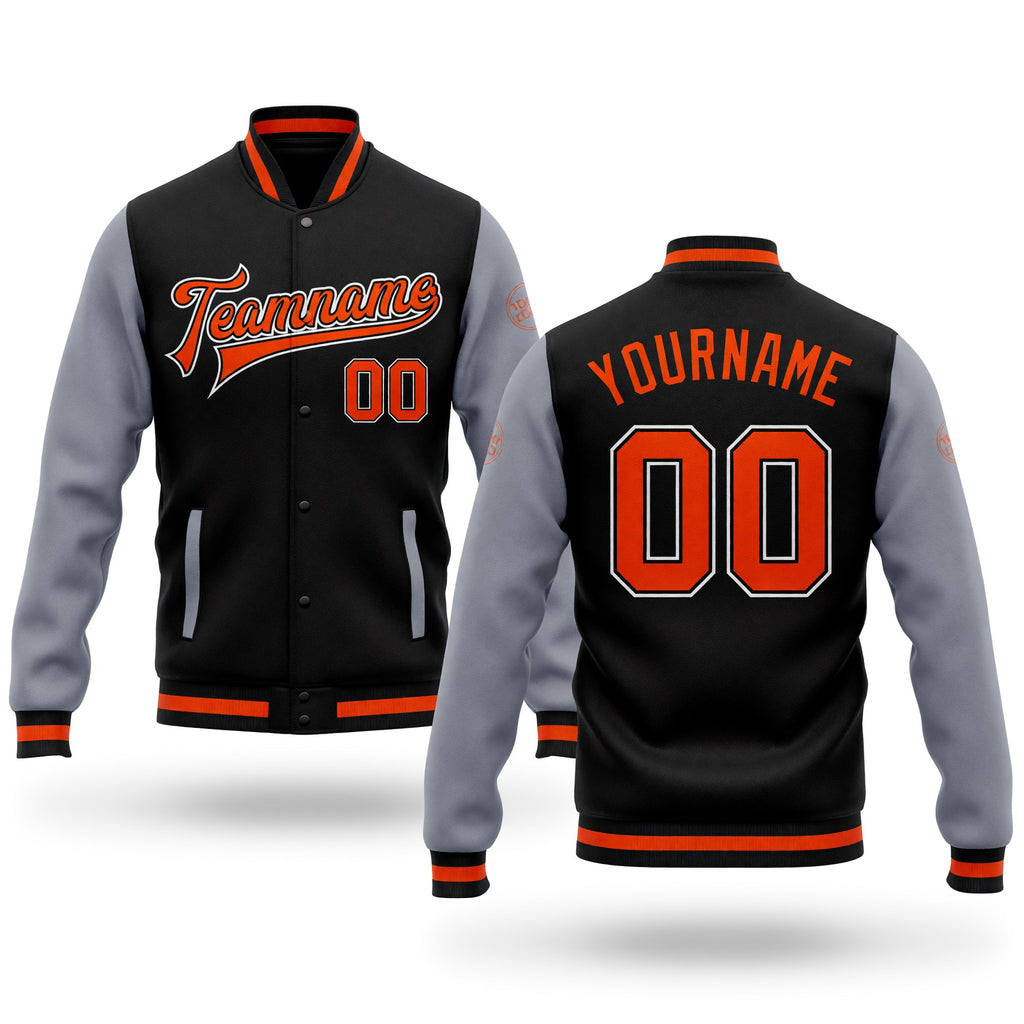 Custom Black Orange-Gray Bomber Full-Snap Varsity Letterman Two Tone Jacket