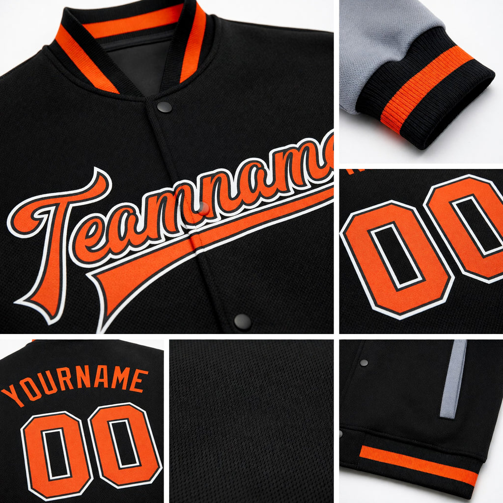 Custom Black Orange-Gray Bomber Full-Snap Varsity Letterman Two Tone Jacket detail