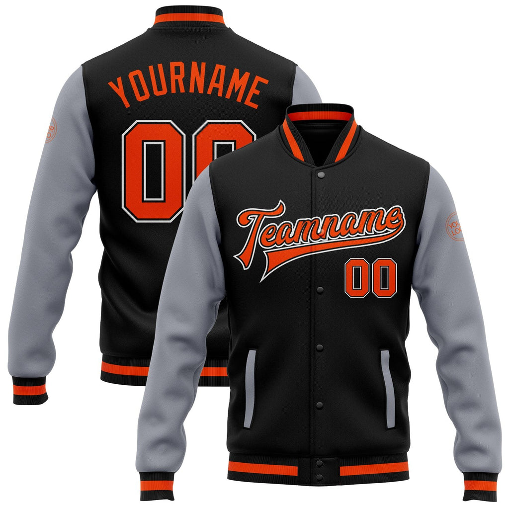 Custom Black Orange-Gray Bomber Full-Snap Varsity Letterman Two Tone Jacket photo 1