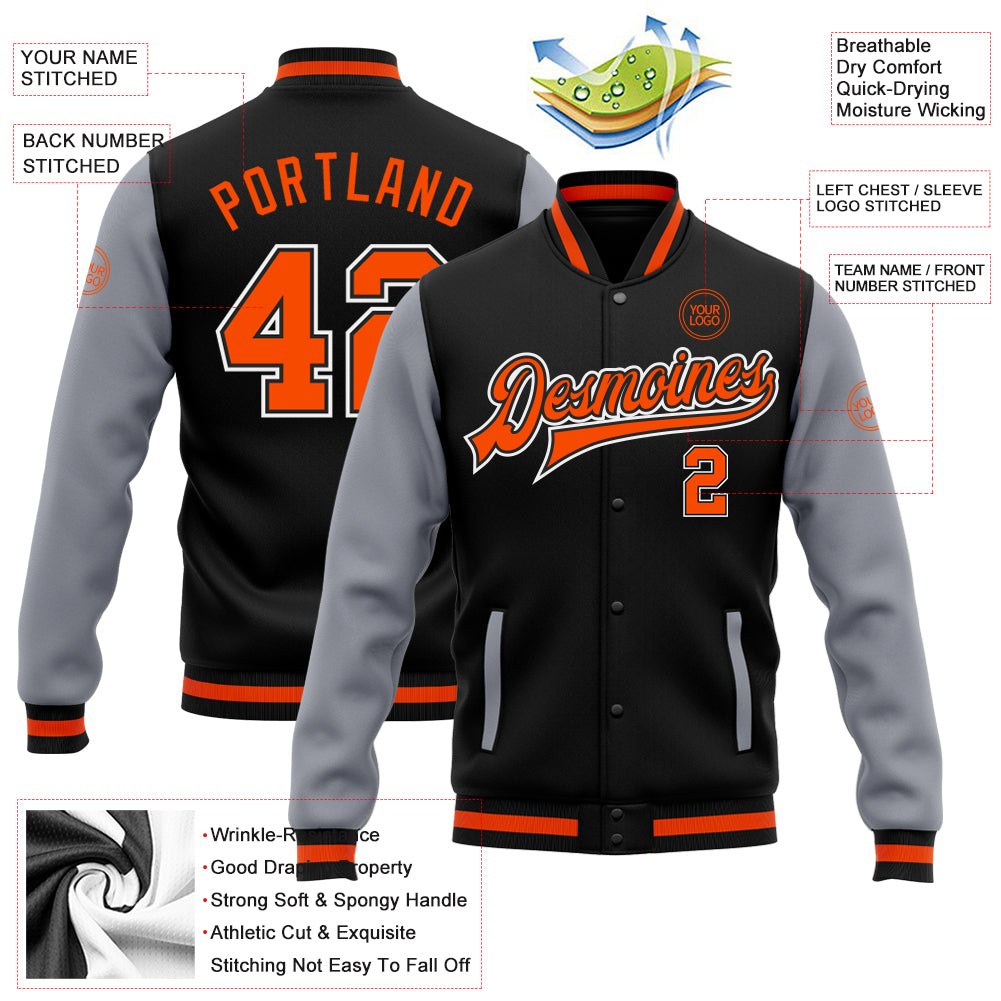 Custom Black Orange-Gray Bomber Full-Snap Varsity Letterman Two Tone Jacket photo 5
