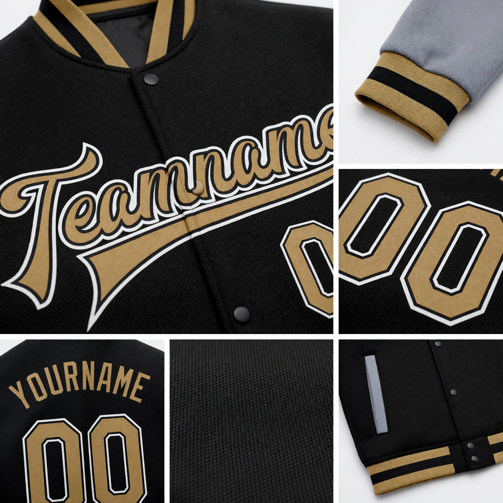 Custom Black Old Gold-Gray Bomber Full-Snap Varsity Letterman Two Tone Jacket detail