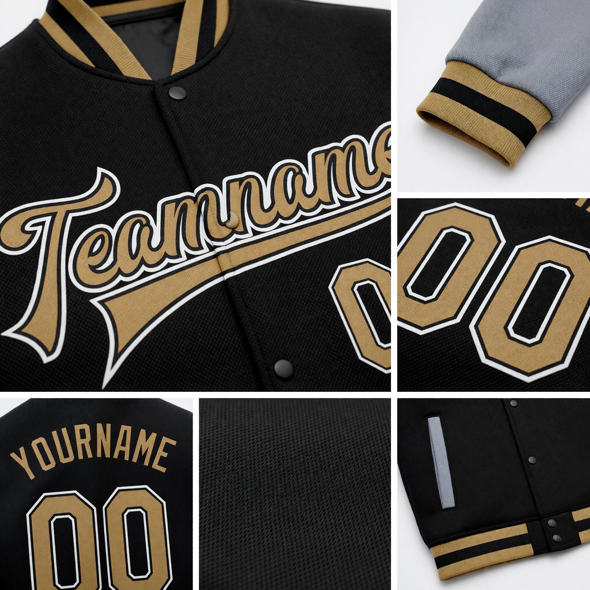 Custom Black Old Gold-Gray Bomber Full-Snap Varsity Letterman Two Tone Jacket detail