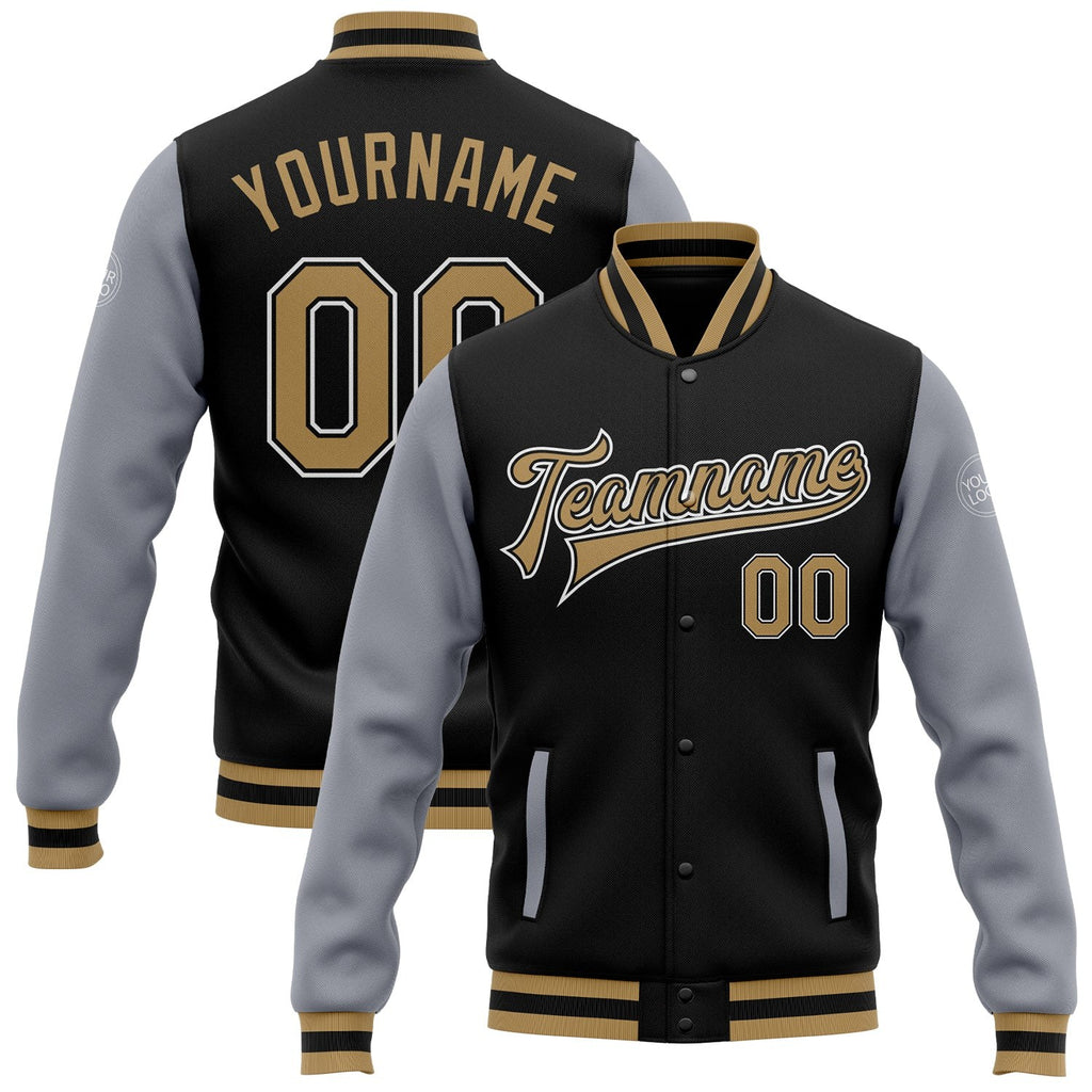 Custom Black Old Gold-Gray Bomber Full-Snap Varsity Letterman Two Tone Jacket photo 1