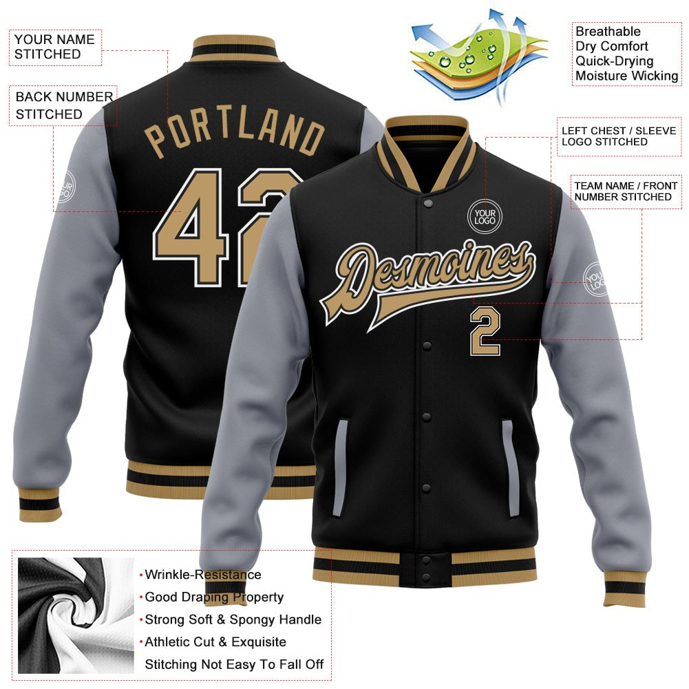 Custom Black Old Gold-Gray Bomber Full-Snap Varsity Letterman Two Tone Jacket photo 5