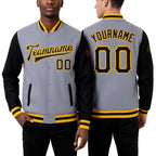 Custom Gray Black-Gold Bomber Full-Snap Varsity Letterman Two Tone Jacket worn front and back