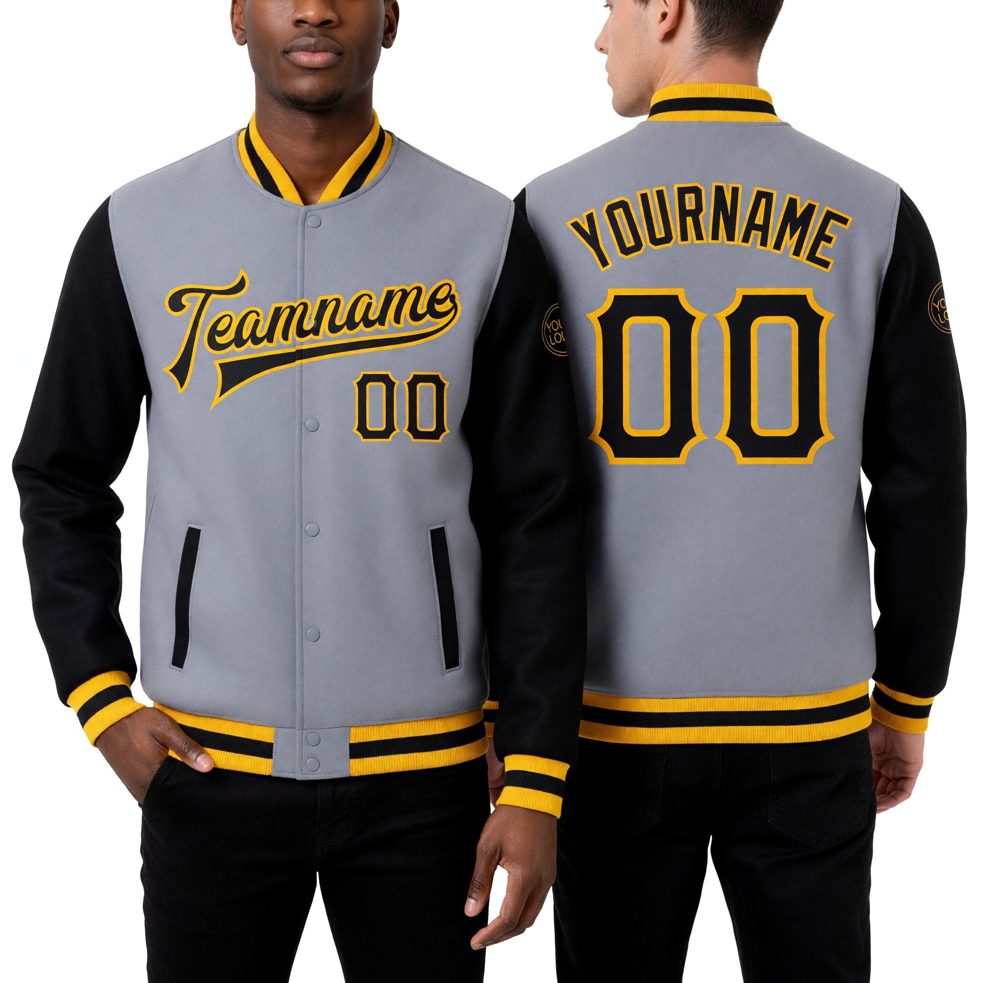 Custom Gray Black-Gold Bomber Full-Snap Varsity Letterman Two Tone Jacket worn front and back