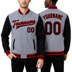 Custom Gray Black-Red Bomber Full-Snap Varsity Letterman Two Tone Jacket worn front and back