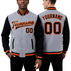 Custom Gray Black-Orange Bomber Full-Snap Varsity Letterman Two Tone Jacket worn front and back