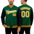 Custom Kelly Green Gold-White Bomber Full-Snap Varsity Letterman Two Tone Jacket worn front and back