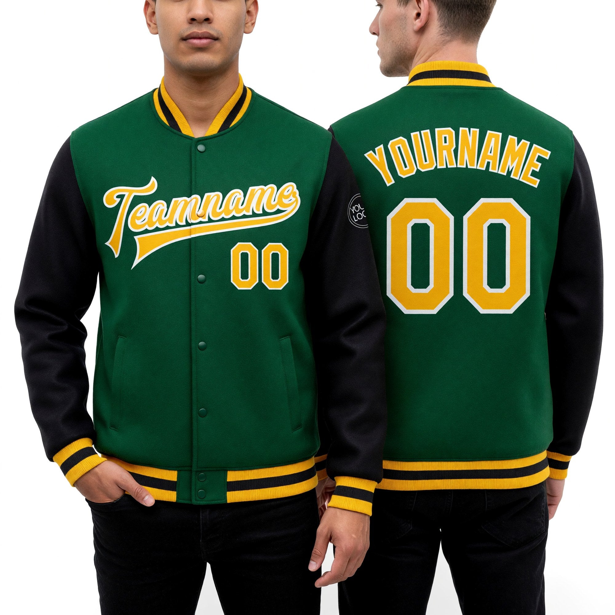 Custom Kelly Green Gold-White Bomber Full-Snap Varsity Letterman Two Tone Jacket worn front and back