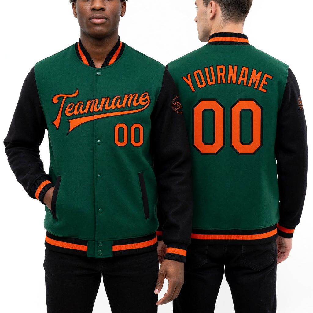 Custom Kelly Green Orange-Black Bomber Full-Snap Varsity Letterman Two Tone Jacket worn front and back