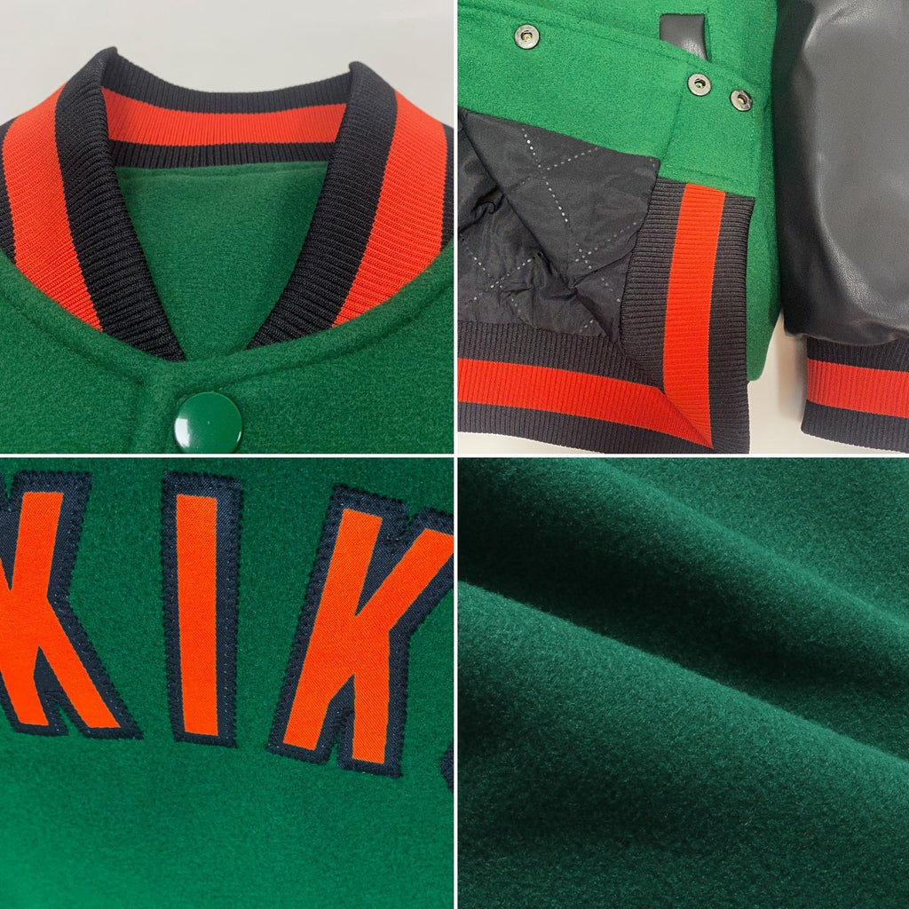 Custom Kelly Green Orange-Black Bomber Full-Snap Varsity Letterman Two Tone Jacket photo 4