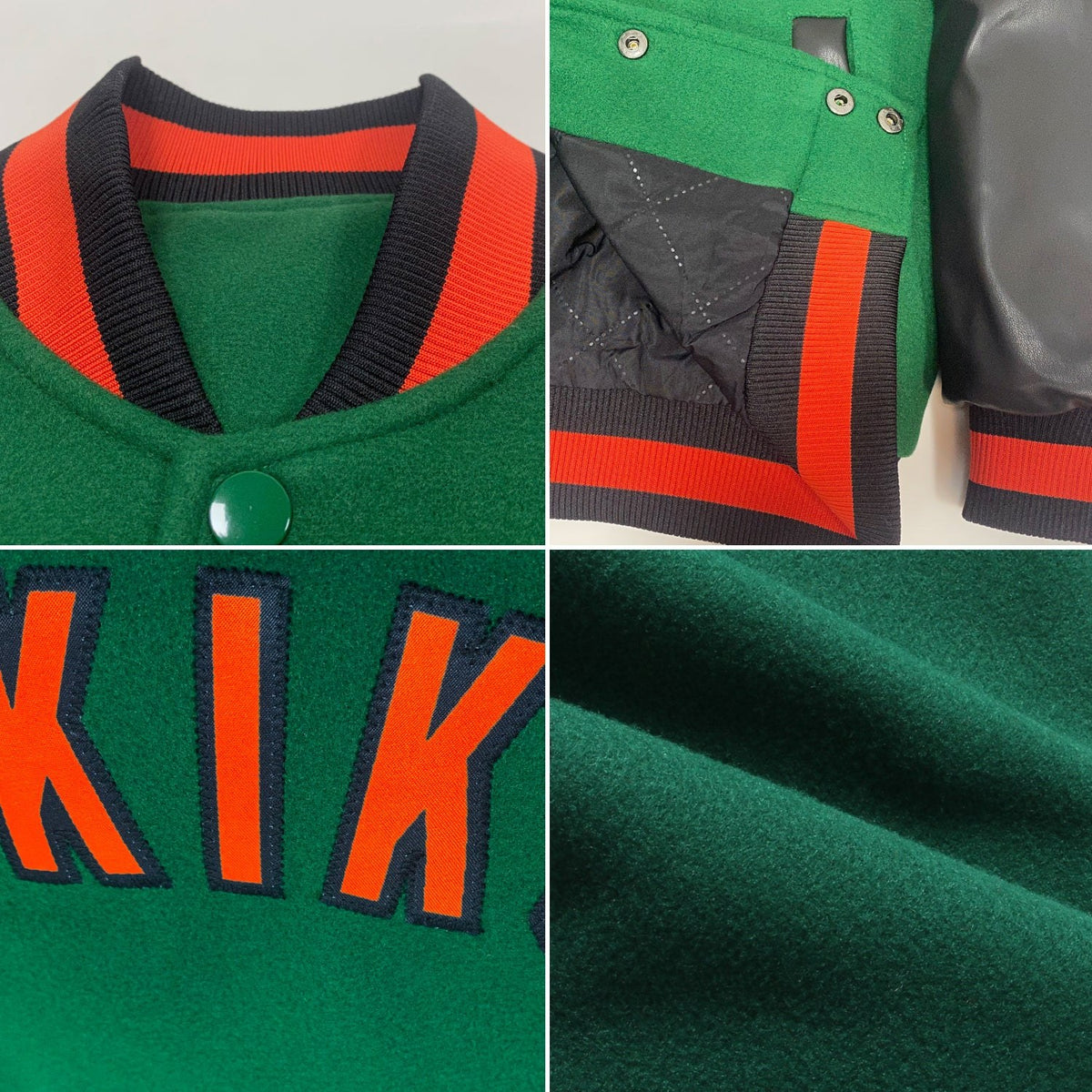 Custom Kelly Green Orange-Black Bomber Full-Snap Varsity Letterman Two Tone Jacket photo 4