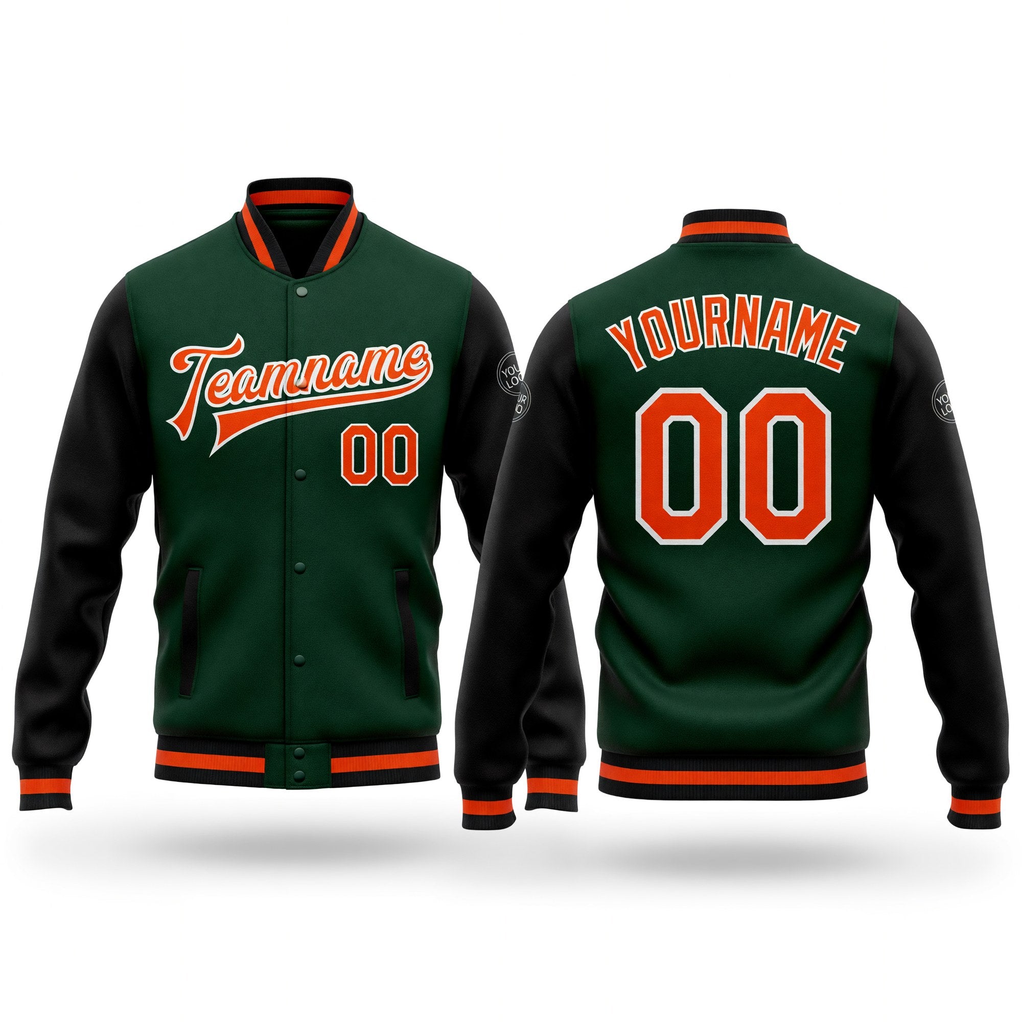 Custom Green Orange-Black Bomber Full-Snap Varsity Letterman Two Tone Jacket