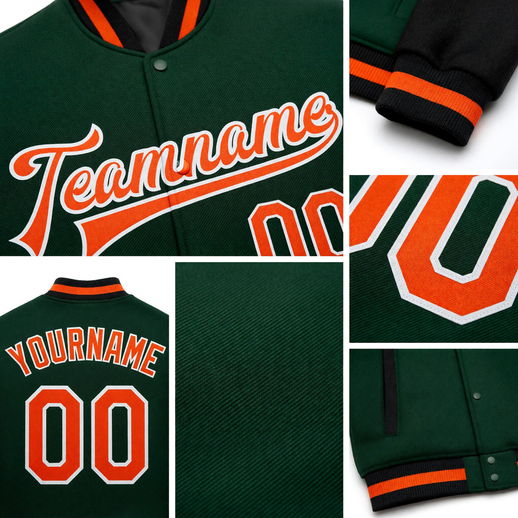 Custom Green Orange-Black Bomber Full-Snap Varsity Letterman Two Tone Jacket detail