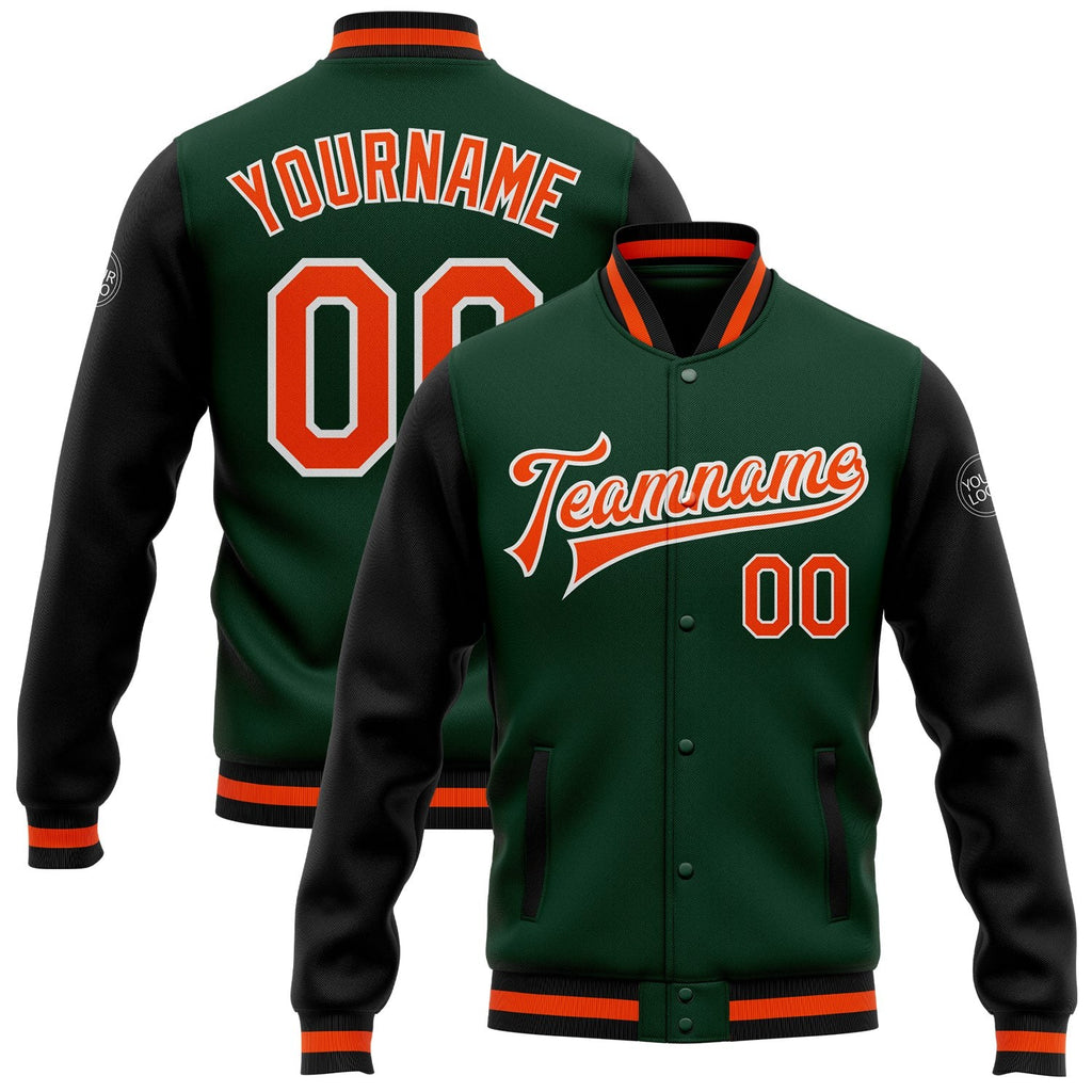 Custom Green Orange-Black Bomber Full-Snap Varsity Letterman Two Tone Jacket photo 1