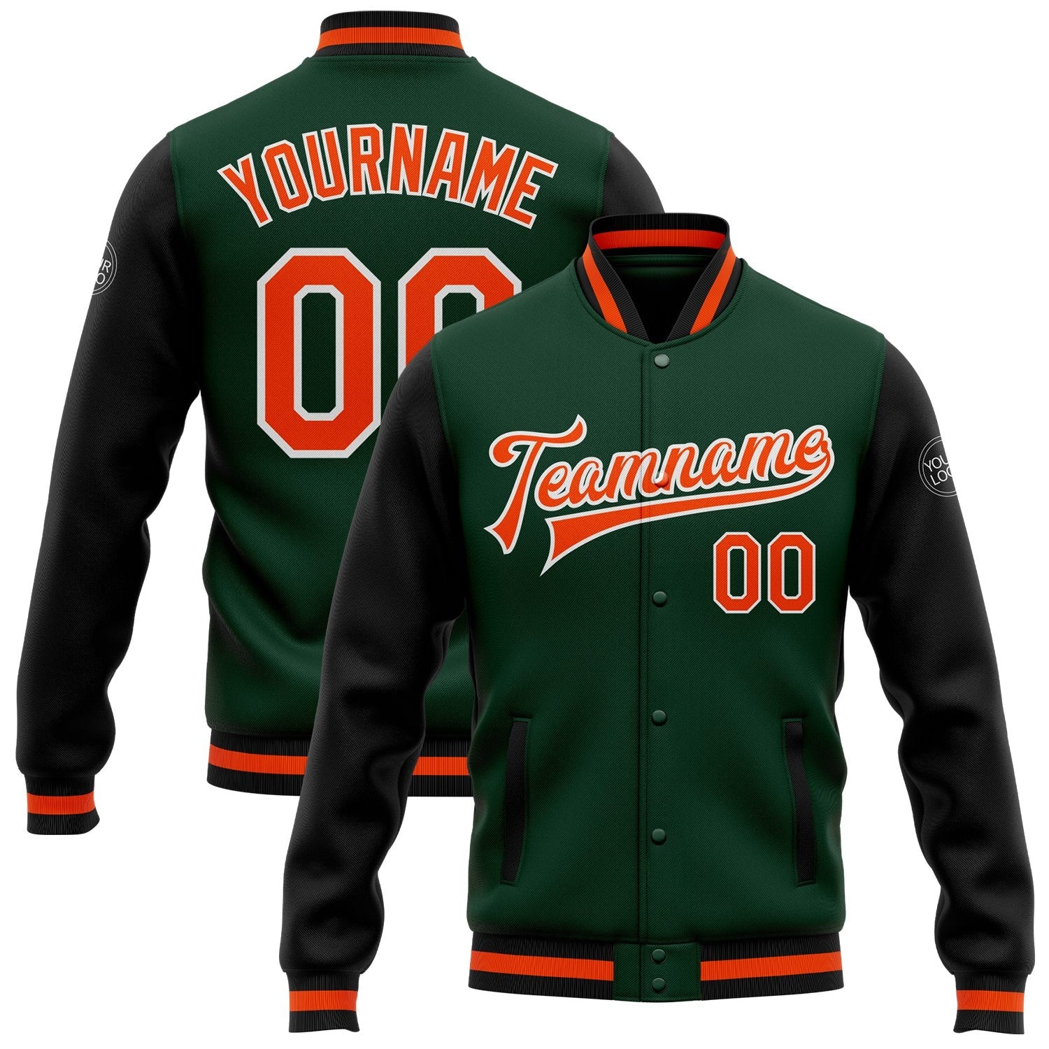 Custom Green Orange-Black Bomber Full-Snap Varsity Letterman Two Tone Jacket photo 1