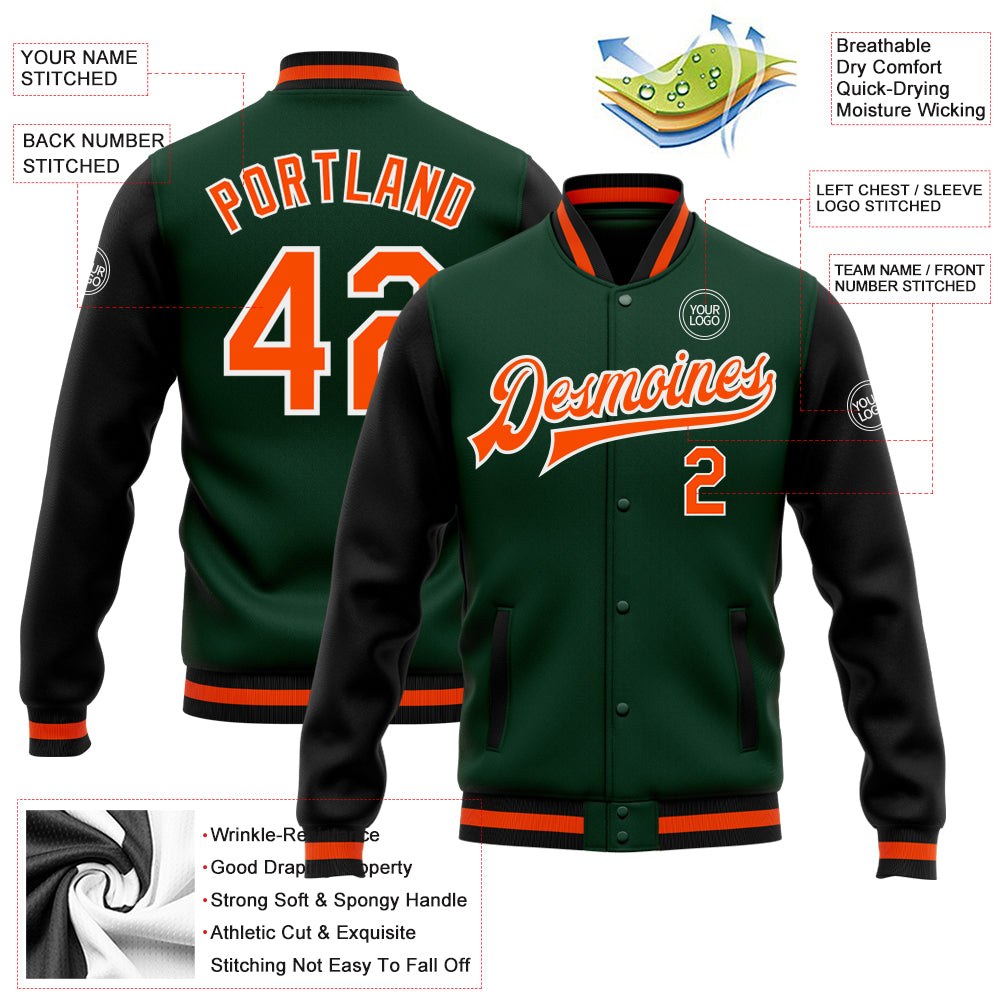 Custom Green Orange-Black Bomber Full-Snap Varsity Letterman Two Tone Jacket photo 5