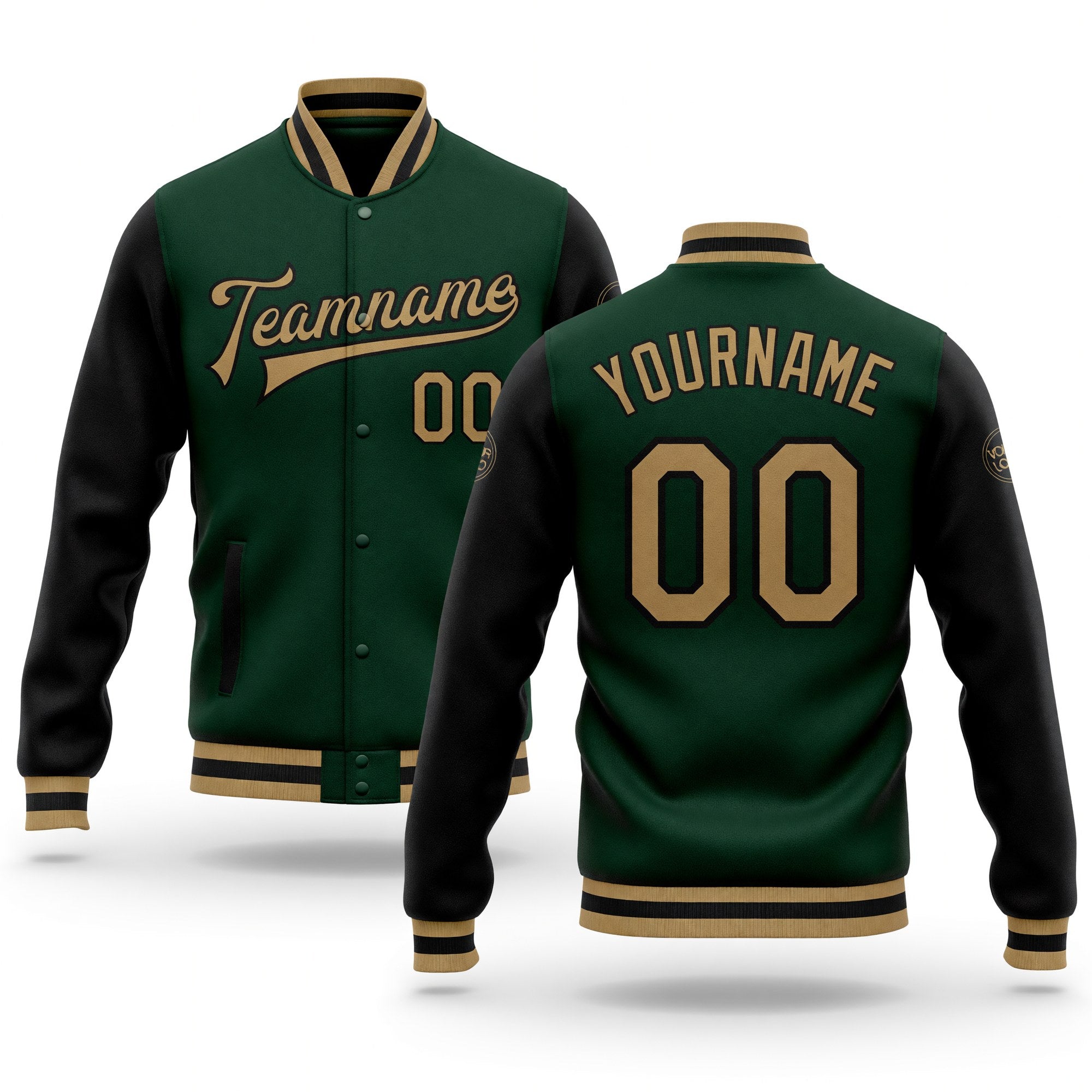 Custom Green Old Gold-Black Bomber Full-Snap Varsity Letterman Two Tone Jacket
