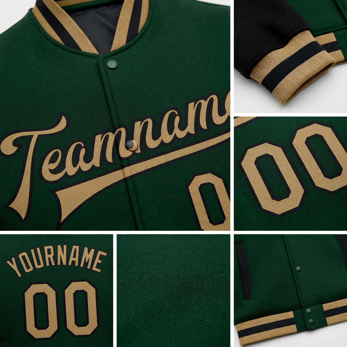 Custom Green Old Gold-Black Bomber Full-Snap Varsity Letterman Two Tone Jacket detail