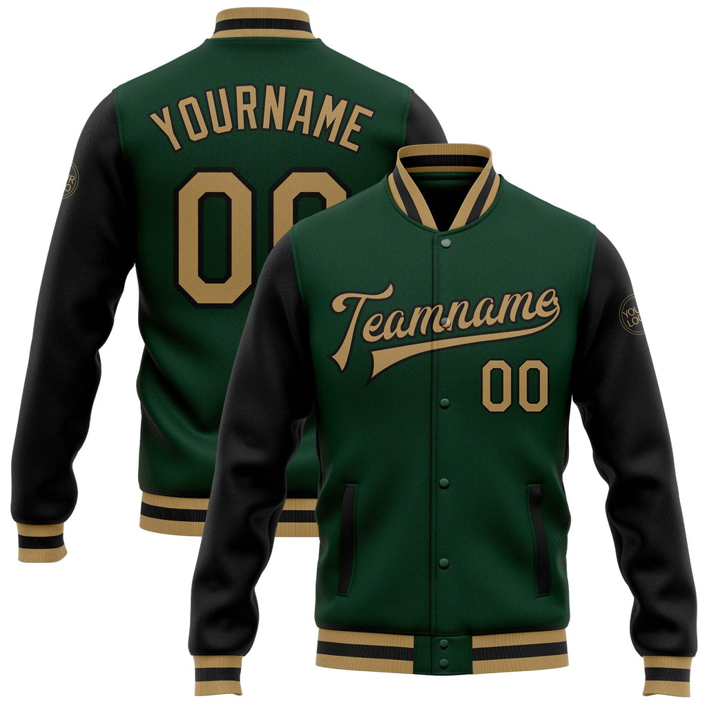 Custom Green Old Gold-Black Bomber Full-Snap Varsity Letterman Two Tone Jacket photo 1