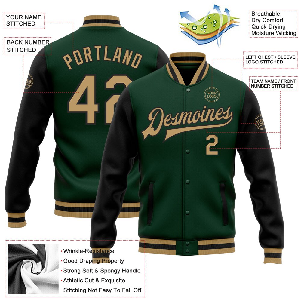 Custom Green Old Gold-Black Bomber Full-Snap Varsity Letterman Two Tone Jacket photo 5