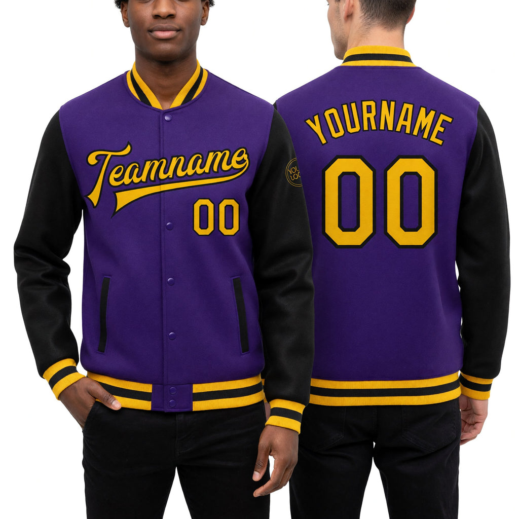 Custom Purple Gold-Black Bomber Full-Snap Varsity Letterman Two Tone Jacket worn front and back