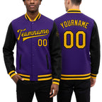 Custom Purple Gold-Black Bomber Full-Snap Varsity Letterman Two Tone Jacket worn front and back