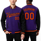 Custom Purple Orange-Black Bomber Full-Snap Varsity Letterman Two Tone Jacket worn front and back