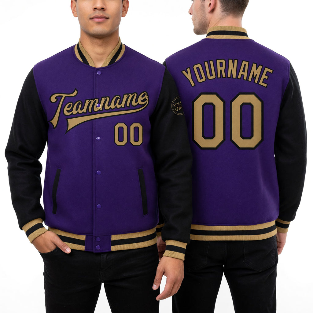 Custom Purple Old Gold-Black Bomber Full-Snap Varsity Letterman Two Tone Jacket worn front and back