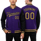 Custom Purple Old Gold-Black Bomber Full-Snap Varsity Letterman Two Tone Jacket worn front and back