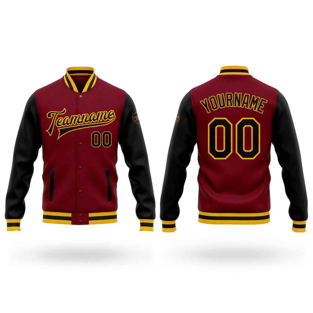 Custom Crimson Black-Gold Bomber Full-Snap Varsity Letterman Two Tone Jacket