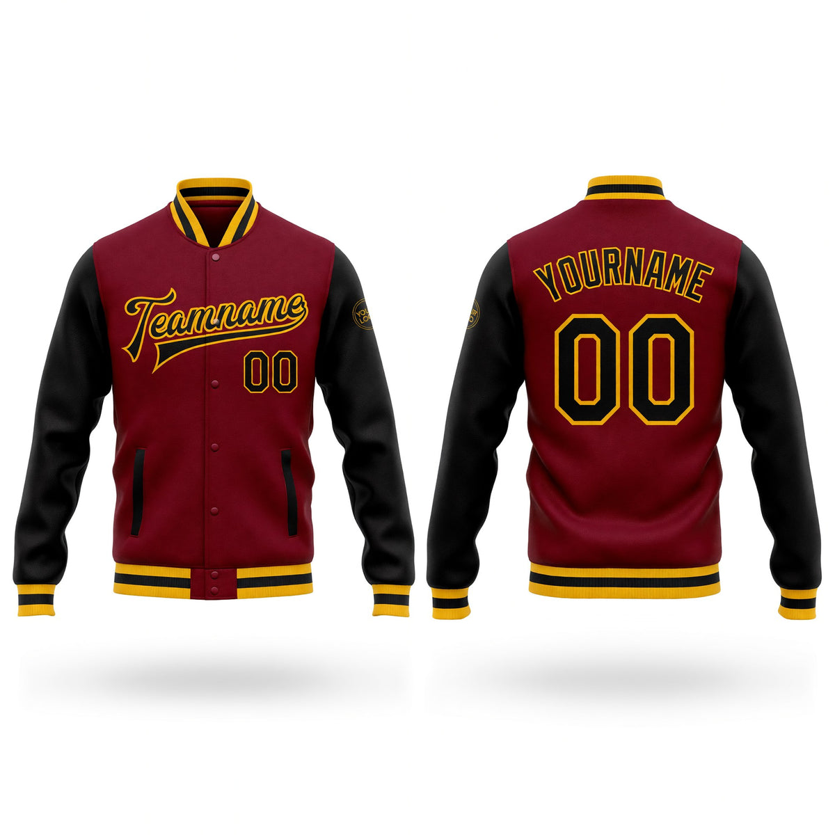 Custom Crimson Black-Gold Bomber Full-Snap Varsity Letterman Two Tone Jacket