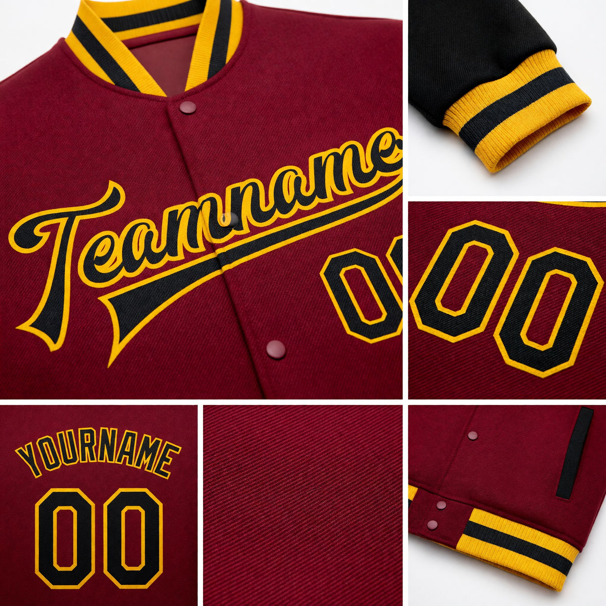 Custom Crimson Black-Gold Bomber Full-Snap Varsity Letterman Two Tone Jacket detail