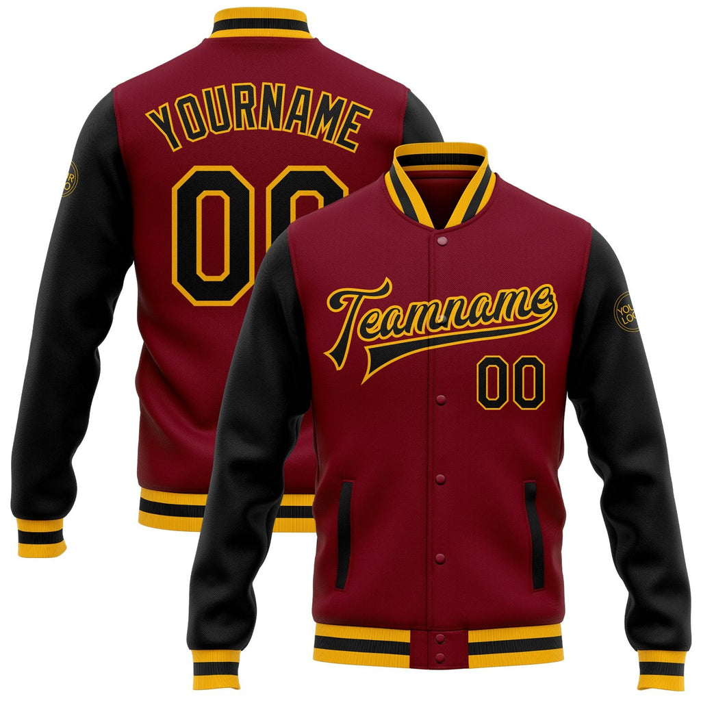 Custom Crimson Black-Gold Bomber Full-Snap Varsity Letterman Two Tone Jacket photo 1