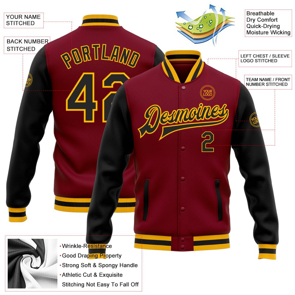 Custom Crimson Black-Gold Bomber Full-Snap Varsity Letterman Two Tone Jacket photo 5