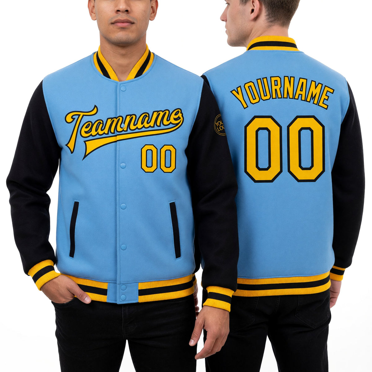 Custom Light Blue Gold-Black Bomber Full-Snap Varsity Letterman Two Tone Jacket worn front and back