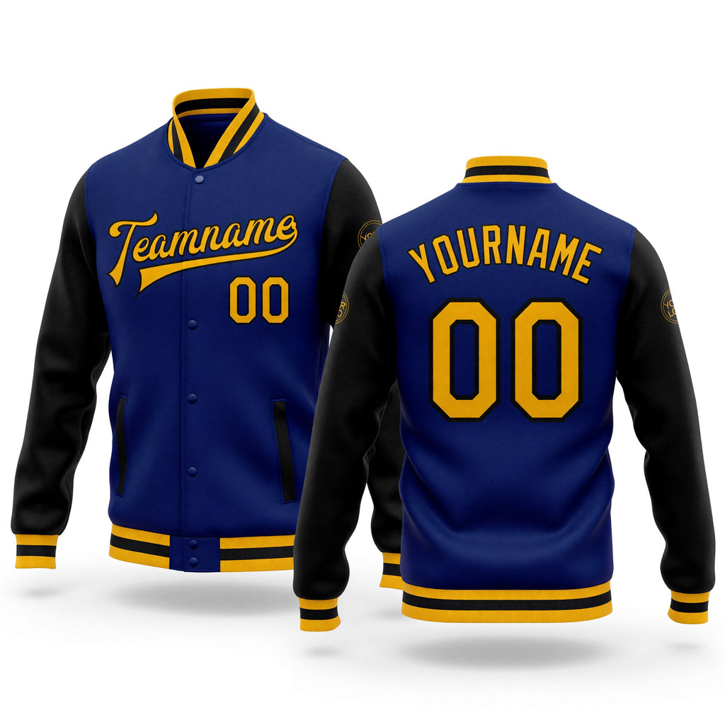 Custom Royal Gold-Black Bomber Full-Snap Varsity Letterman Two Tone Jacket