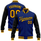 Custom Royal Gold-Black Bomber Full-Snap Varsity Letterman Two Tone Jacket photo 1
