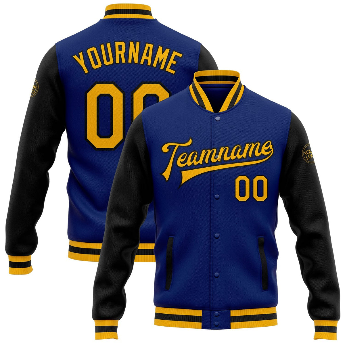 Custom Royal Gold-Black Bomber Full-Snap Varsity Letterman Two Tone Jacket photo 1